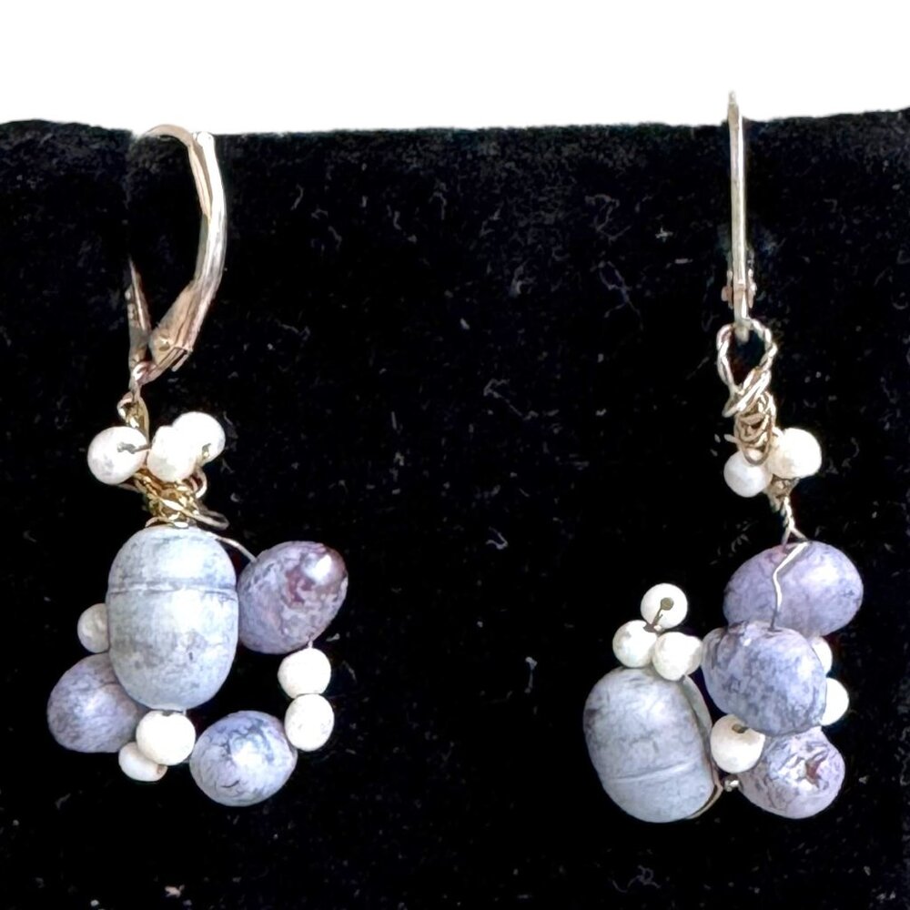 Vintage Handcrafted 925 Sterling Silver Earrings Black Pearl Purple White Beads